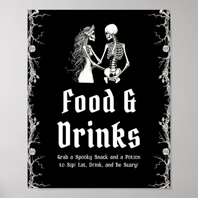 Black Gothic Halloween Skeleton Food & Drinks Sign (Front)