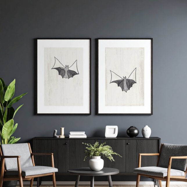 Black Gothic Lace Bats Set (two prints, pair of dark academia abstract gothic lace bats with warm neutral textured background)