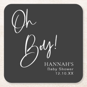 Black Gothic & Moody Oh Boy Baby Shower  Square Paper Coaster