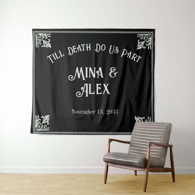 Black Gothic Personalised Wedding Photo Backdrop  Tapestry (In Situ (Horizontal))