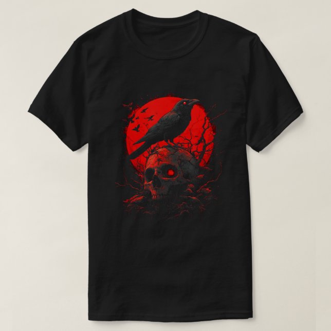 Black Gothic Raven Skull Red Moon Crow T-Shirt (Design Front)