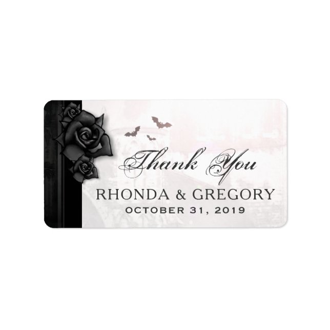 Black Gothic Roses & Bats Wedding Thank You Label (Front)
