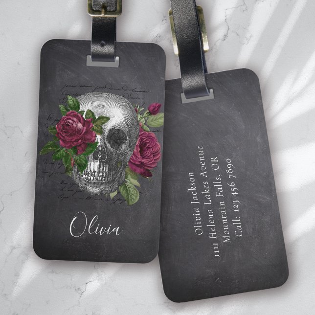 Black Gothic Skull Floral Roses Luggage Tag (Creator Uploaded)
