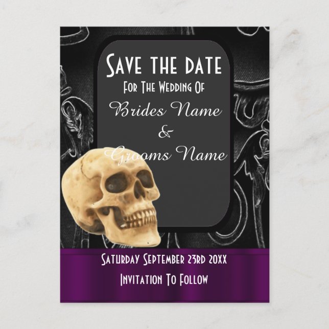 Black gothic skull save the date announcement postcard (Front)