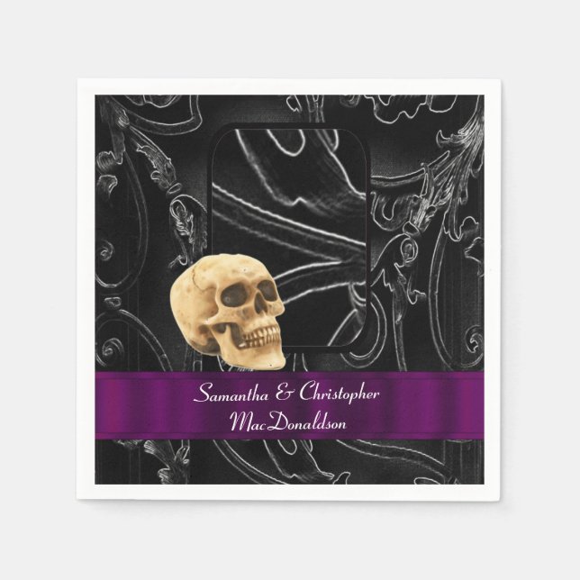 Black gothic skull wedding damask pattern napkin (Front)