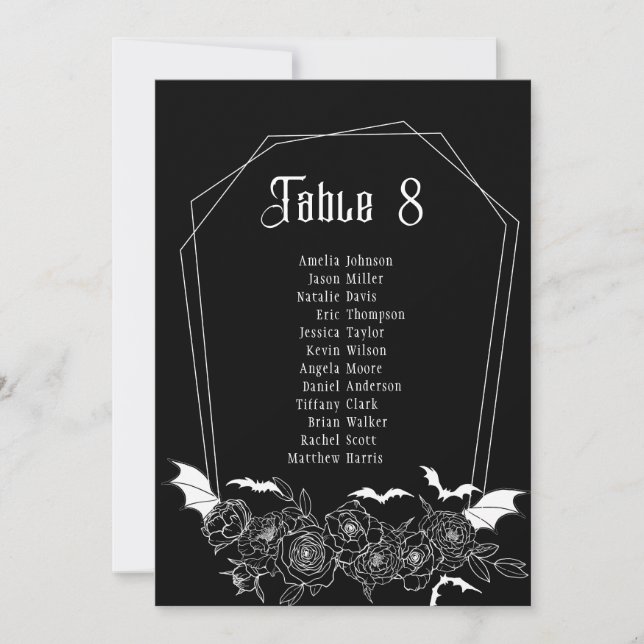 Black Gothic Table Number Wedding Seating Card (Front)