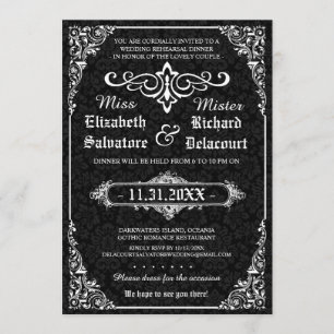 Black Gothic Victorian Damask Rehearsal Dinner Invitation