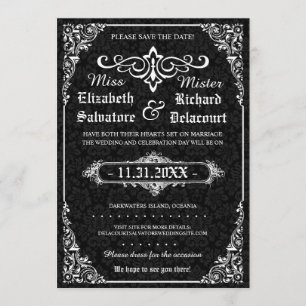 Black Gothic Victorian Damask Save the Dates Date