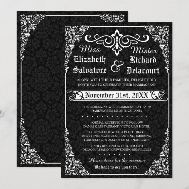 Black Gothic Victorian Damask Wedding Invitations (Front/Back)