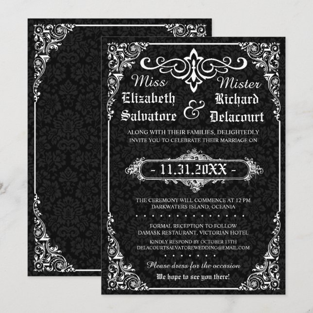 Black Gothic Victorian Damask Wedding Invites (Front/Back)