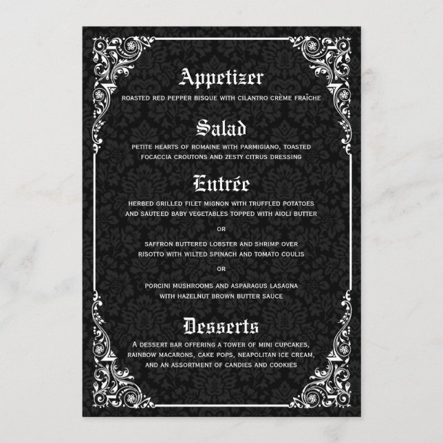 Black Gothic Victorian Damask Wedding Menu Cards (Front)