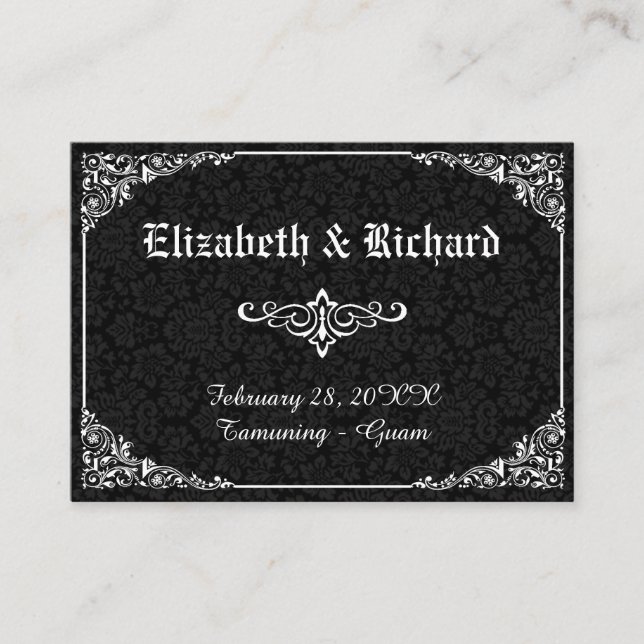 Black Gothic Victorian Damask Wedding Place Cards (Front)