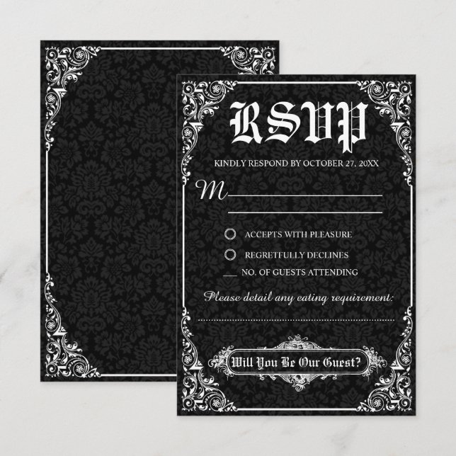 Black Gothic Victorian Damask Wedding RSVP Cards (Front/Back)