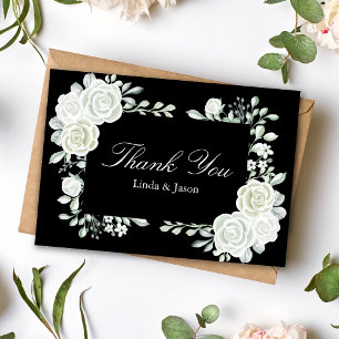 Black Gothic White Roses Wedding Thank You Cards