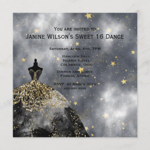 Black Gown Gold Black Sweet16 Birthday Invitation