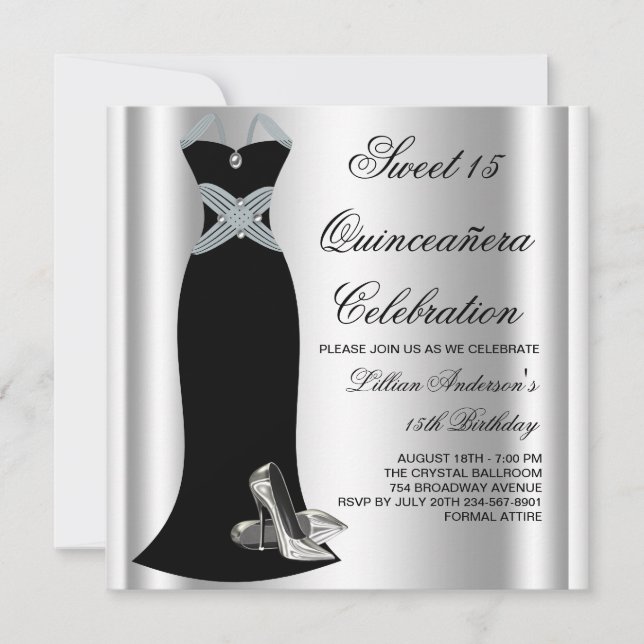 Black Gown High Heel Shoes Sweet 15 Quinceanera Invitation (Front)