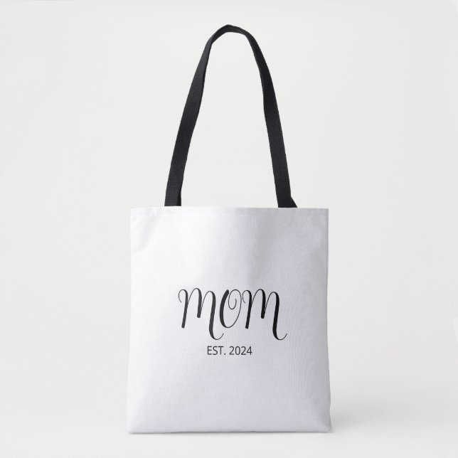 Black Graceful Script Established New Mom Gift Tote Bag (Front)