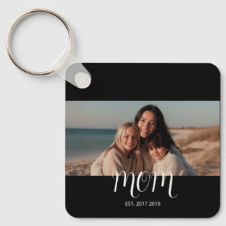Black Graceful Script Mom Established Photo  Key Ring