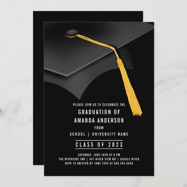 Black Grad Cap Black Graduation Party Invitation (Front/Back)