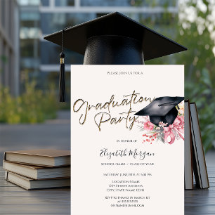 Black Grad Cap Flowers Bow Your Photo Graduation Invitation