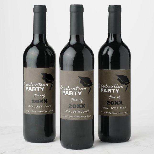 Black Grad Cap, Graduation Party Wine Label (Bottles)