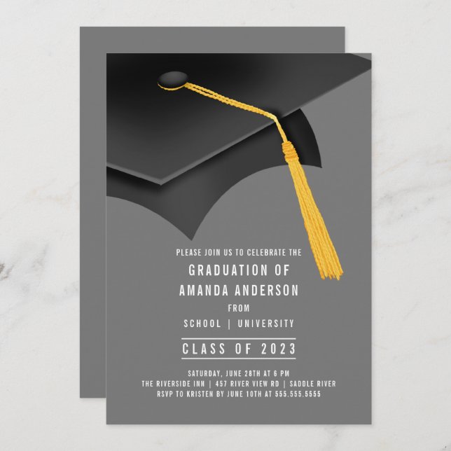 Black Grad Cap Gray Graduation Party Invitation (Front/Back)