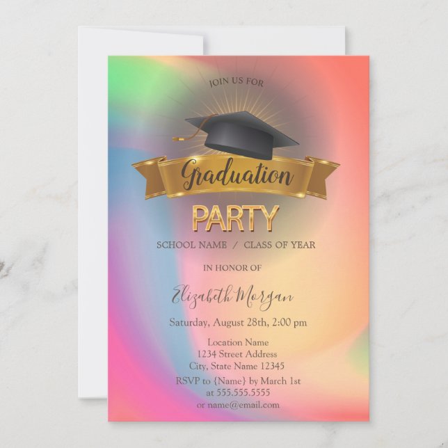 Black Grad Cap Rainbow Colorful Graduation Party Invitation (Front)