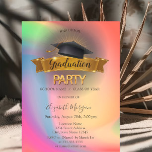 Black Grad Cap Rainbow Colorful Graduation Party Invitation