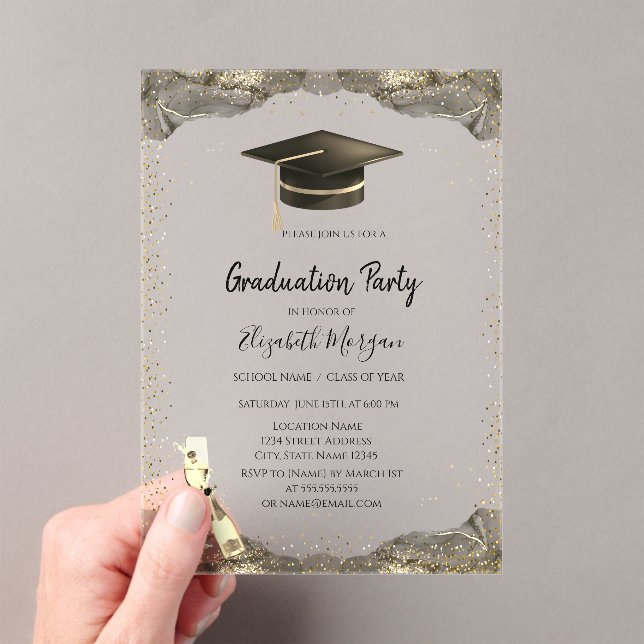 Black Grad Cap,Wine Glass Confetti Gold Graduation Acrylic Invitations (Insitu (Handheld))