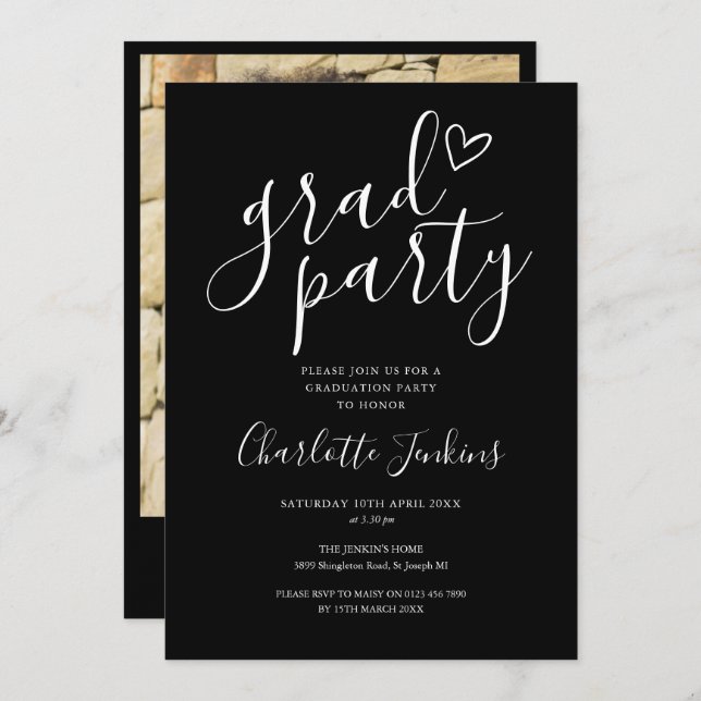 Black Grad Party Script Photo Graduation Party Invitation (Front/Back)