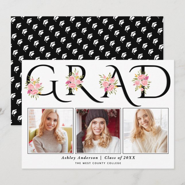 Black GRAD typography pink roses photo graduation Announcement (Front/Back)