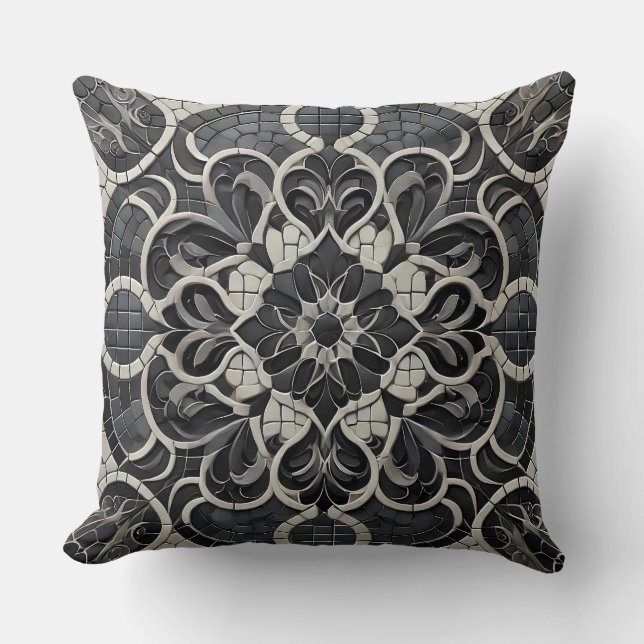 Black Gradient Mandala Pattern: Deep Mosaic Art Cushion (Front)