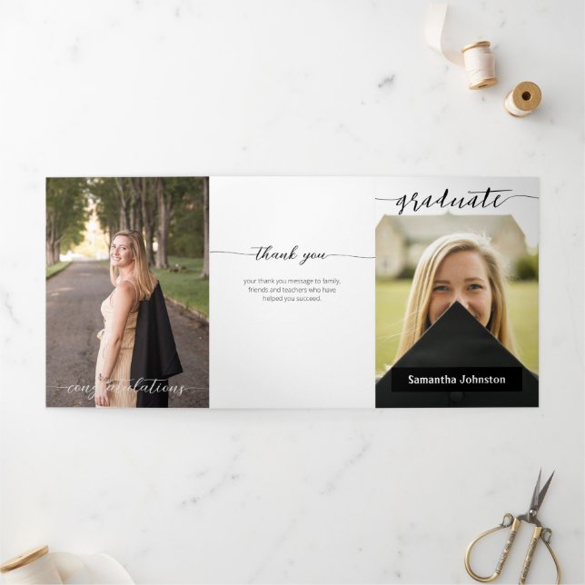 Black Graduate Script Modern Three Photo Tri-Fold Invitation (Outside)