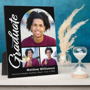 Black Graduation 3 Photo Bold Arch White Script Plaque