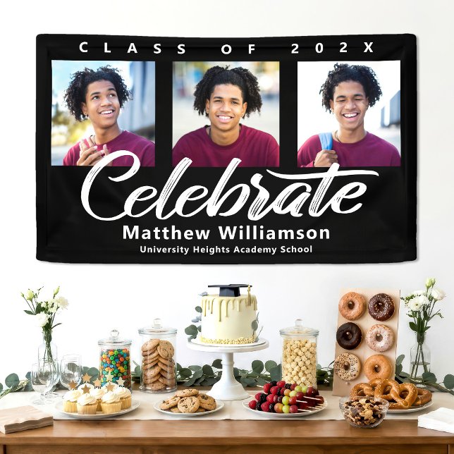 Black Graduation 3 Photo Bold White Script Minimal Banner (Creator Uploaded)