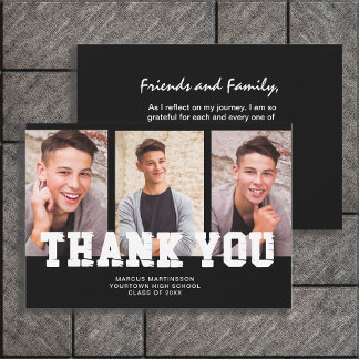 Black Graduation 3 Photo Thank You  Card