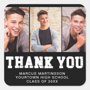 Black Graduation 3 Photo Thank You Square Sticker