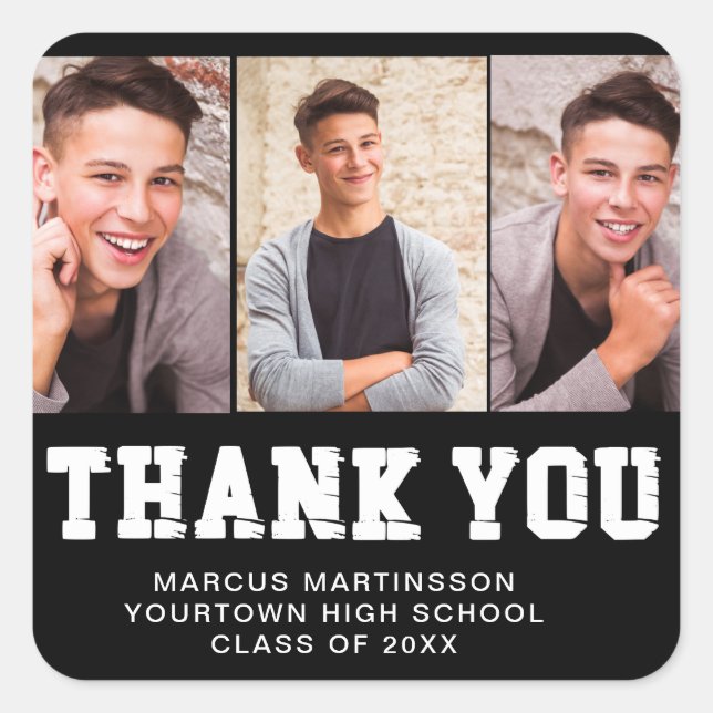 Black Graduation 3 Photo Thank You  Square Sticker (Front)