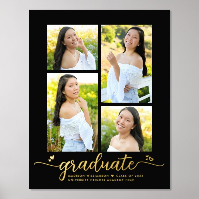 Black Graduation 4 Photo Script Hearts Real Gold Foil Prints (Front)