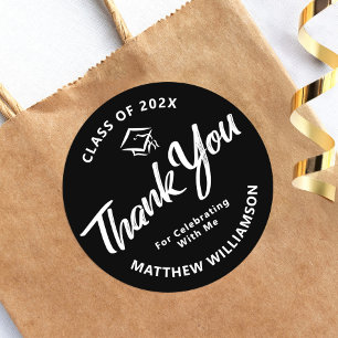 Black Graduation Bold White Script Cap Thank You Classic Round Sticker