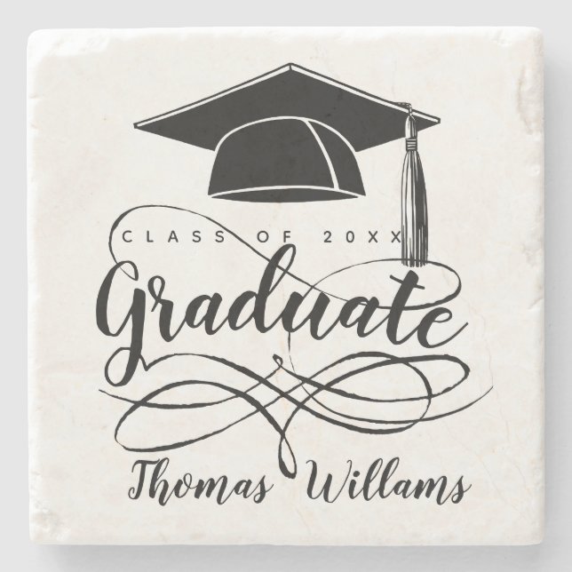 Black Graduation Cap Add Name and Year Stone Coaster (Front)