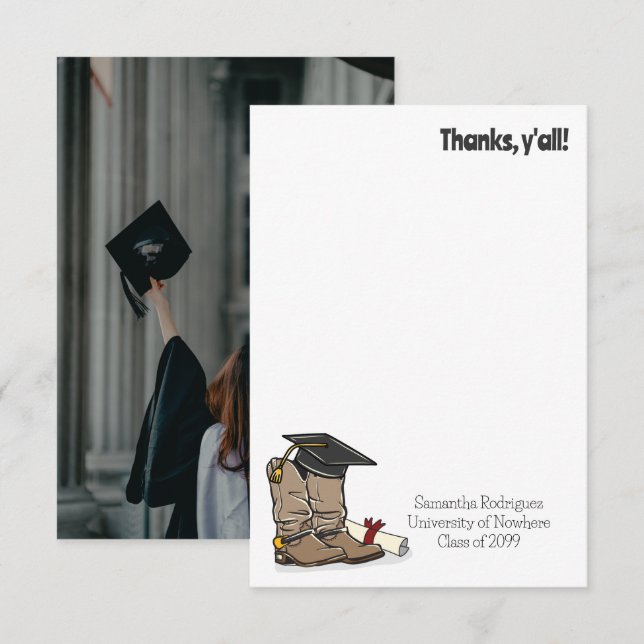 Black Graduation Cap and Cowboy Boot Thank You Card (Front/Back)