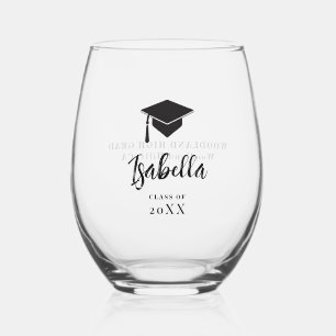 Black Graduation Cap Calligraphy Custom Grad Gift Stemless Wine Glass