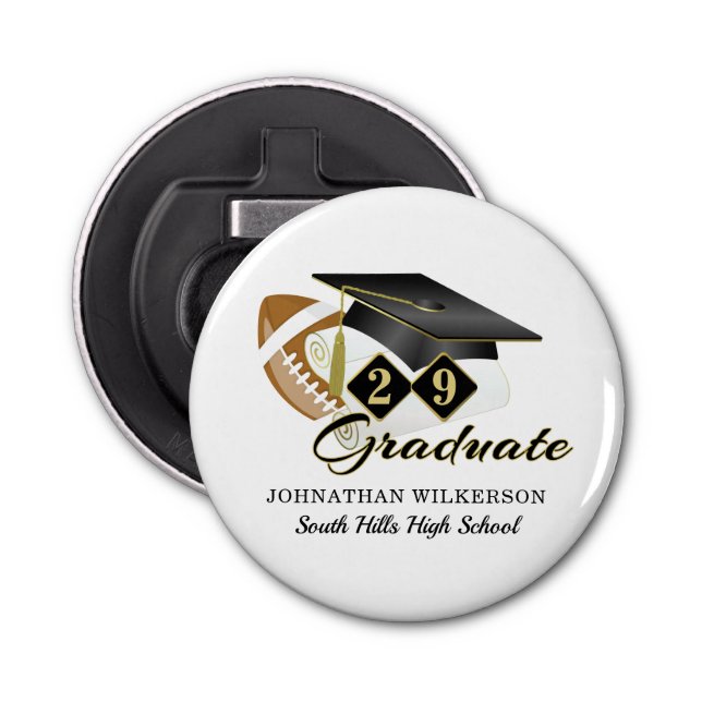 Black Graduation Cap Football Personalised Bottle Opener (Front)