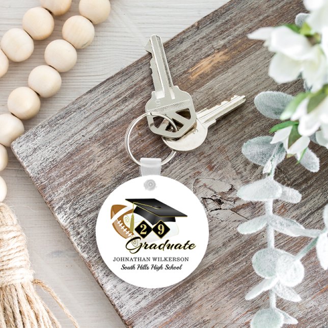 Black Graduation Cap Football Personalised Key Ring (Black Graduation Cap Football Personalized Keychain)