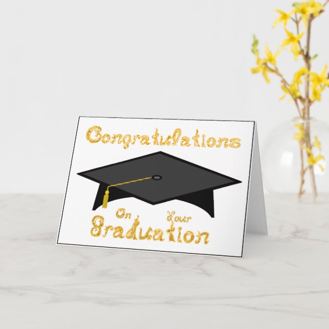 Black Graduation Cap Gold Glitter On Party Hat  Card (Yellow Flower)