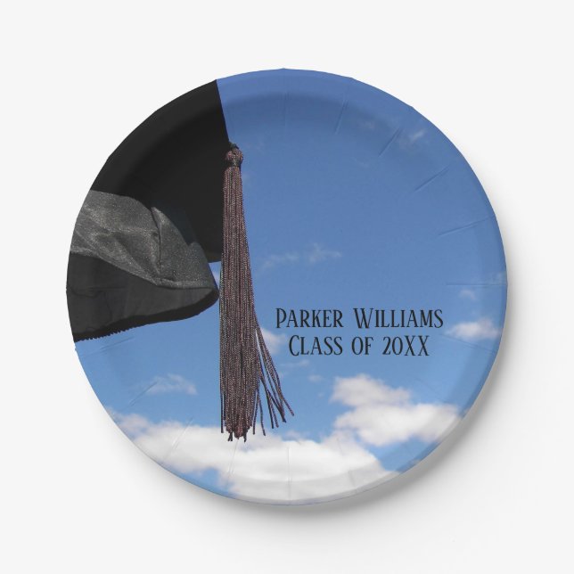 Black Graduation cap in sky Paper Plate (Front)