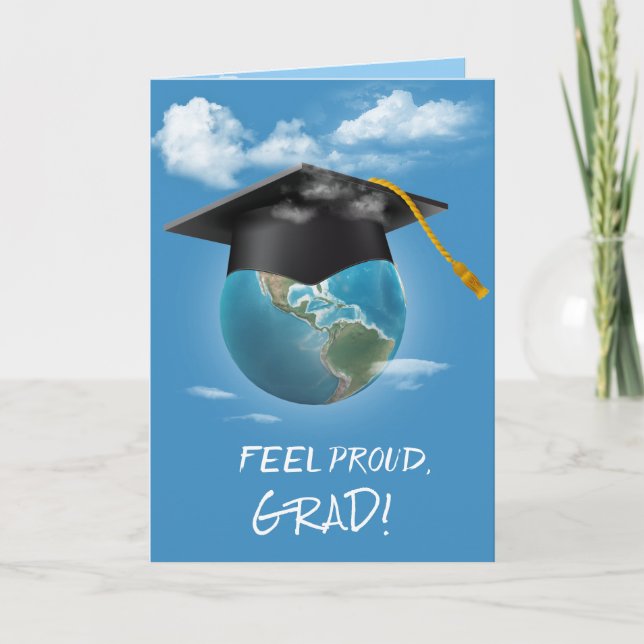 Black Graduation Cap on Planet Earth Card (Front)