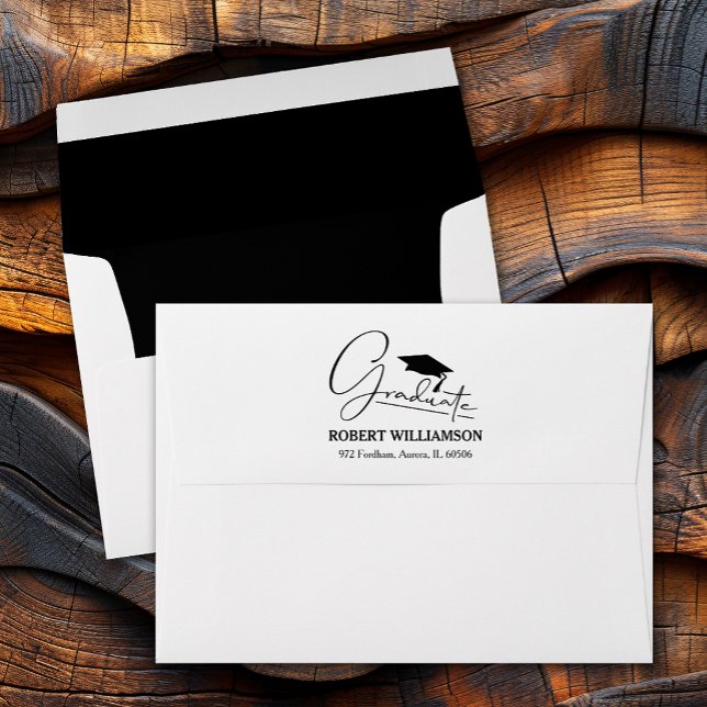 Black Graduation Cap Return Address  Envelope (Black graduation cap, printed lining and FREE return address envelopes)
