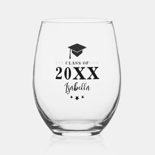 Black Graduation Cap Stars Personalised Grad Gift Stemless Wine Glass